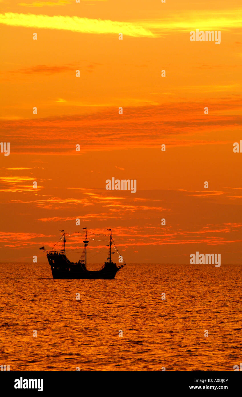 Sunset Florida USA. A tourist pirate boat on Gulf of Mexico sailing