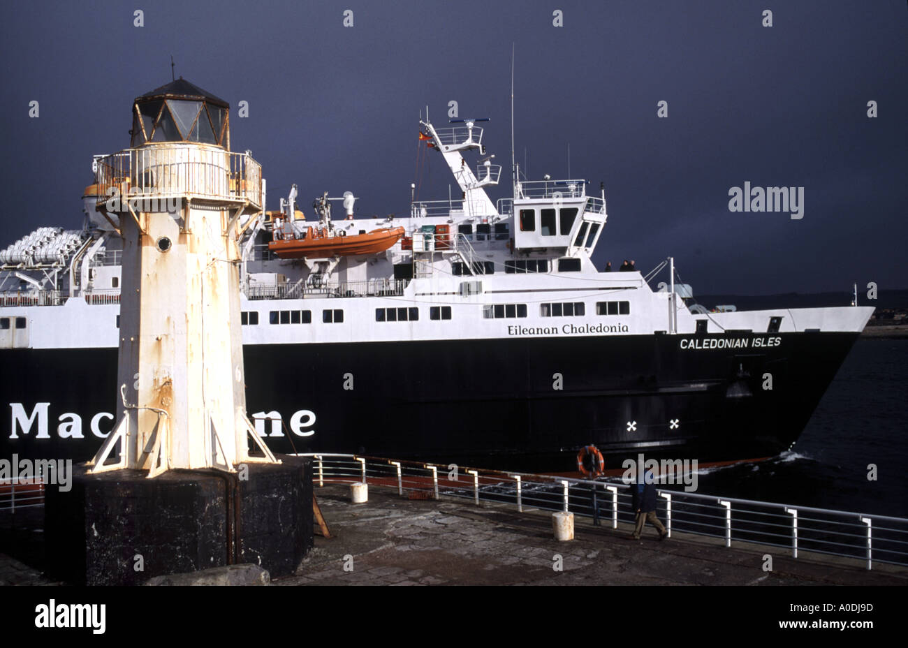 Car ferry Caledonian Isles arriving at Ardrossan harbour from Brodick Arran on a wintry day Stock Photo