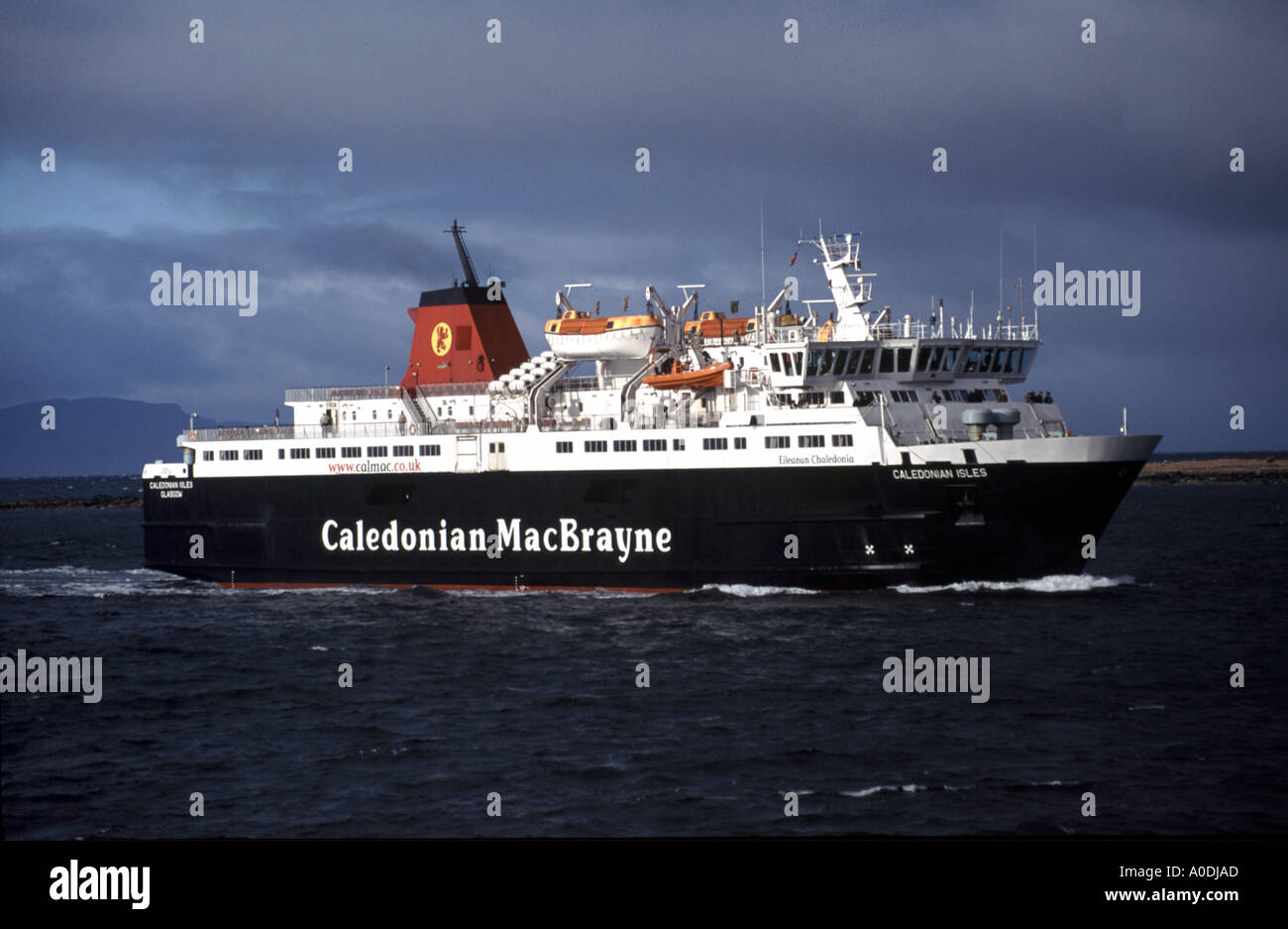 CalMac ferry Caledonian Isles approaching Ardrossan harbour from Arran on a cold wintry day Stock Photo