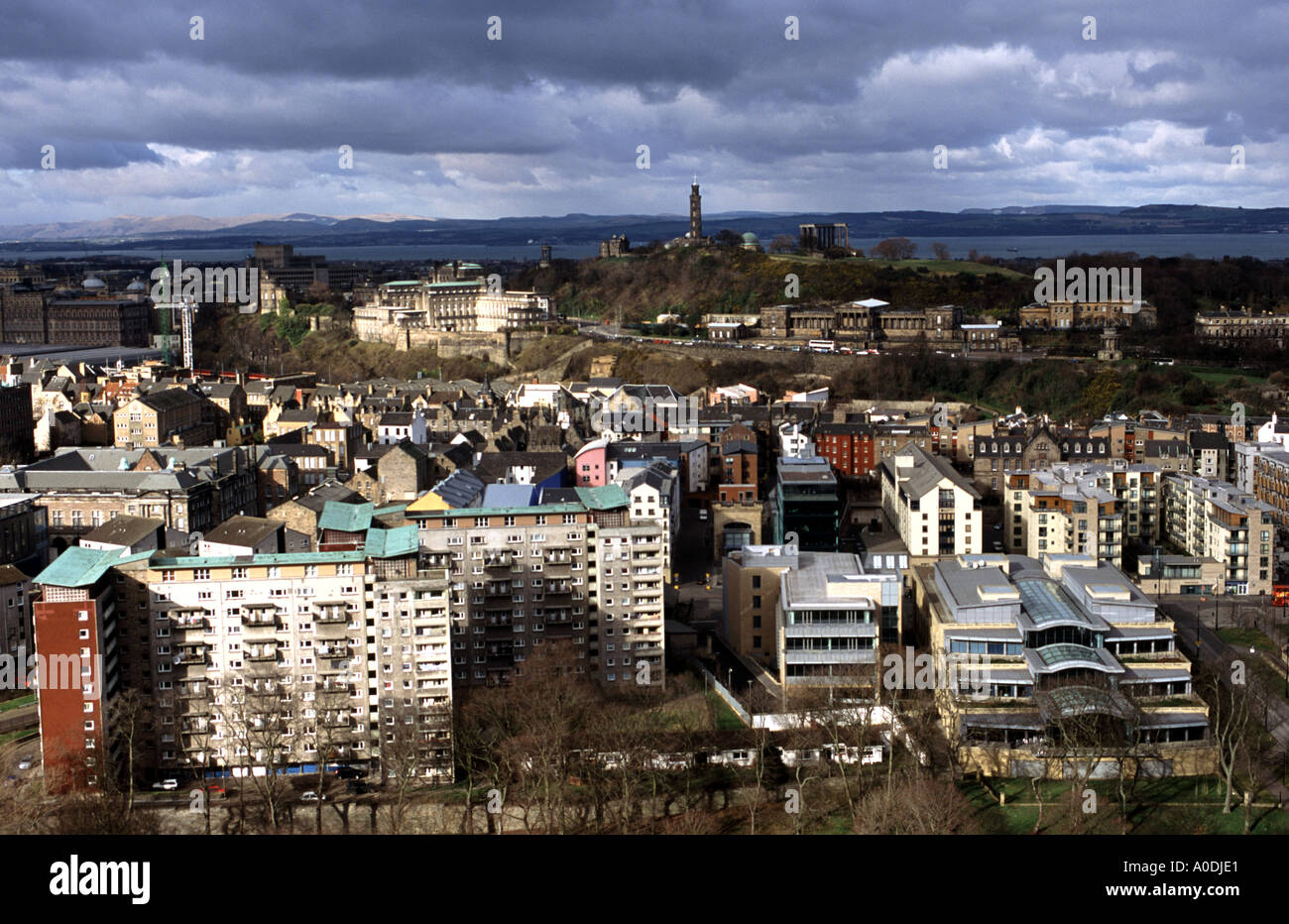 The Old Town of Edinburgh and Calton Hill viewed from Salisbury Craigs Stock Photo