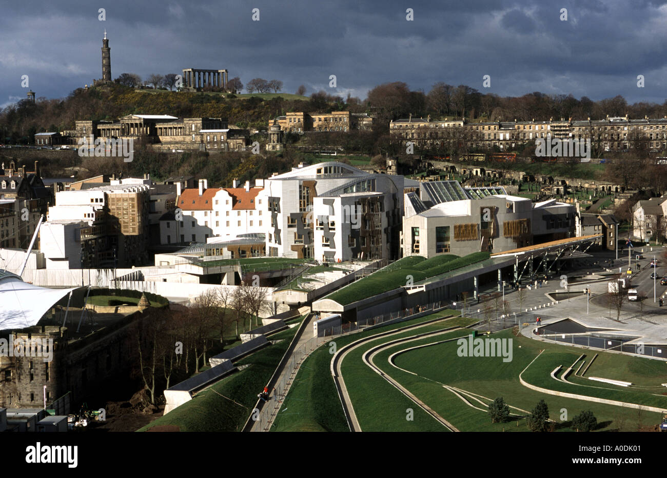 The Scottish Parliament and Calton Hill in Edinburgh Scotland from Salisbury Craigs Stock Photo
