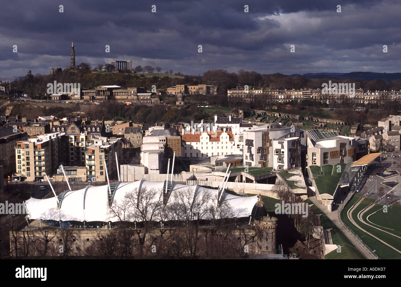 The Scottish Paliament and Dynamic Earth Edinburgh Scotland from Salisbury Craigs Stock Photo