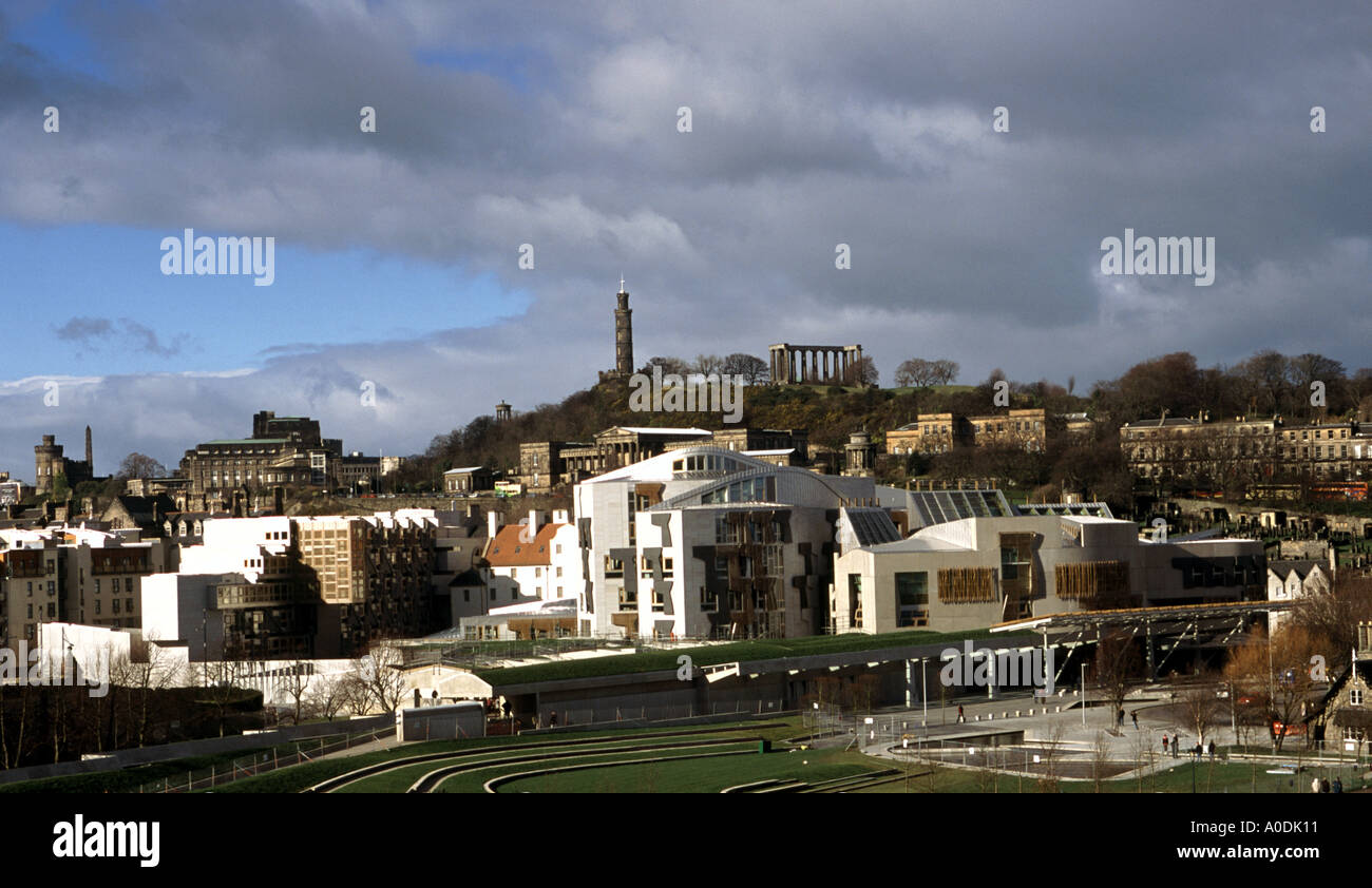 The Scottish Parliament and Calton Hill in Edinburgh Scotland from Salisbury Craigs Stock Photo