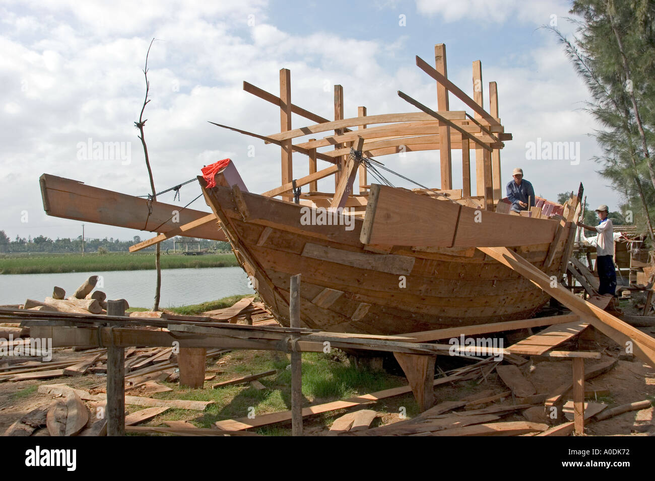 Vietnam Central Hoi An Cam Kim Island building wooden boat ...