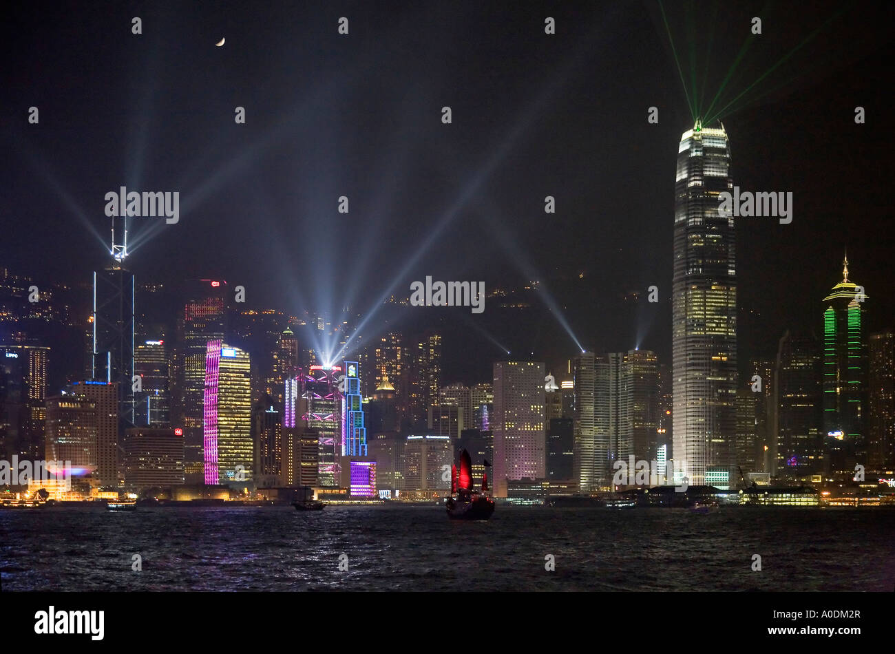 Laser show over Hong Kong Island Stock Photo