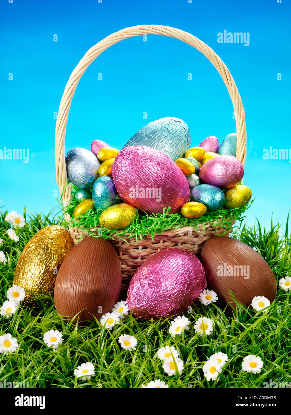 CHOCOLATE EASTER EGGS IN BASKET Stock Photo