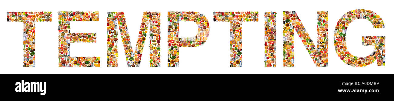 FOODFONT WORD ON WHITE TEMPTING Stock Photo
