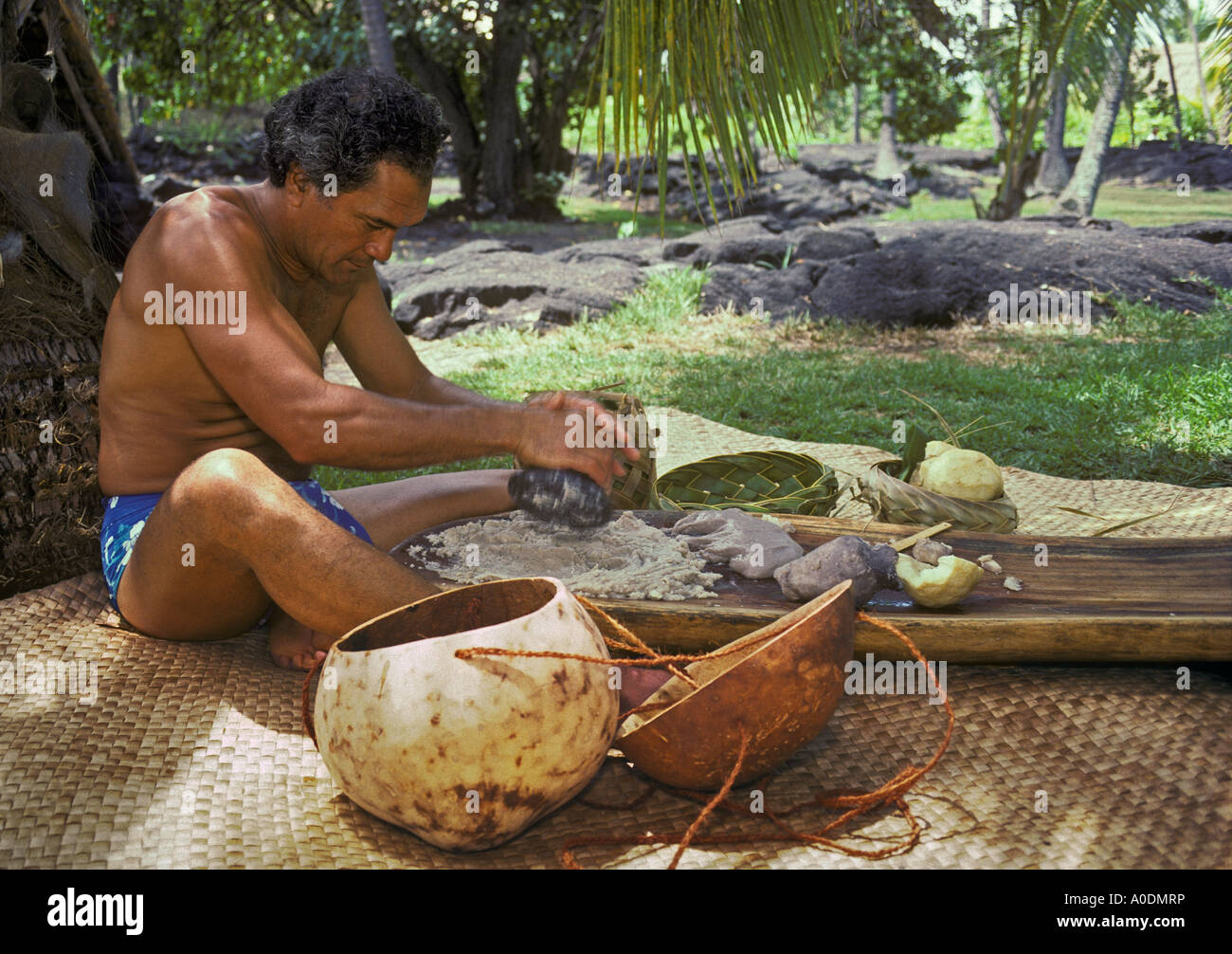 Man pounding taro root to make poi Establishment Day festival  Puuhonua O Honaunau National Historic Park Island of Hawaii Stock Photo