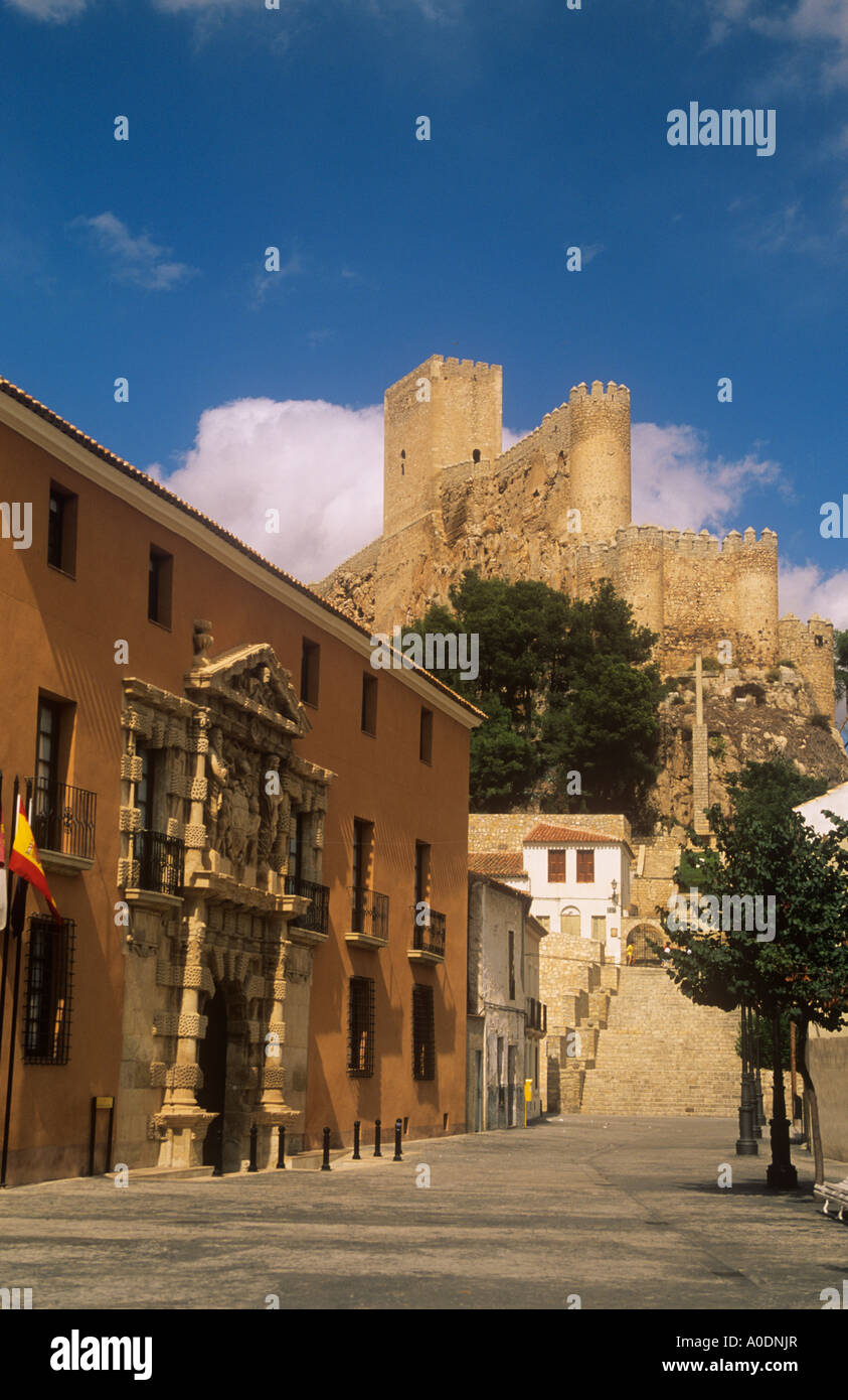 Street scene and castle, Almansa, Albacete Province, Castile-La-Mancha, Spain Stock Photo