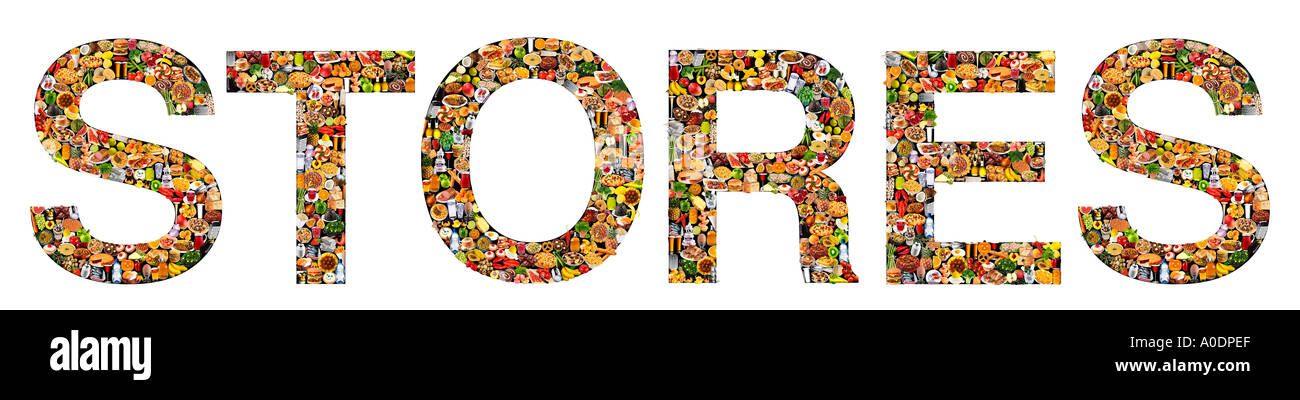 FOODFONT WORD ON BLACK AND WHITE STORES Stock Photo Alamy