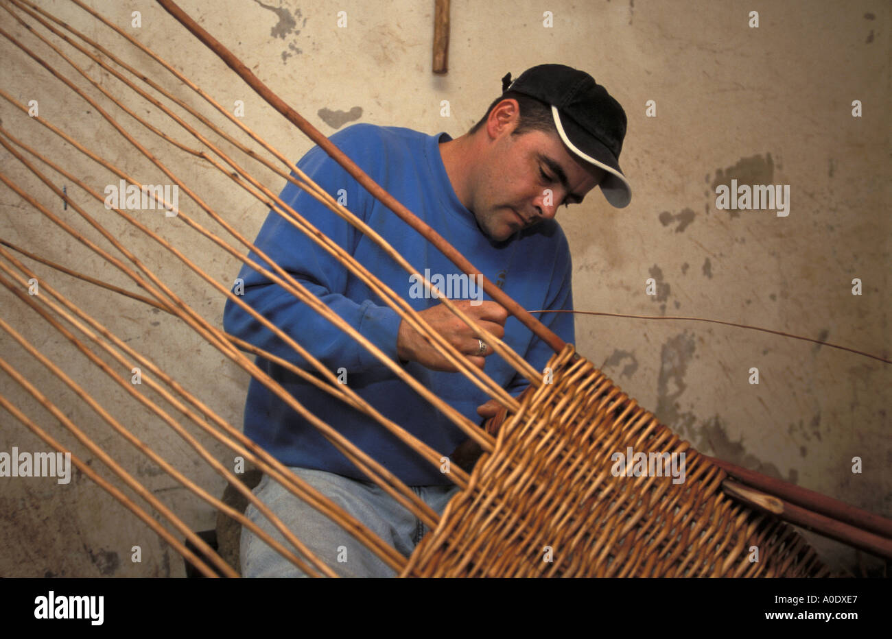 Piece worker weaving willow basket at P H Coate Son factory Somerset September 2000 Stock Photo
