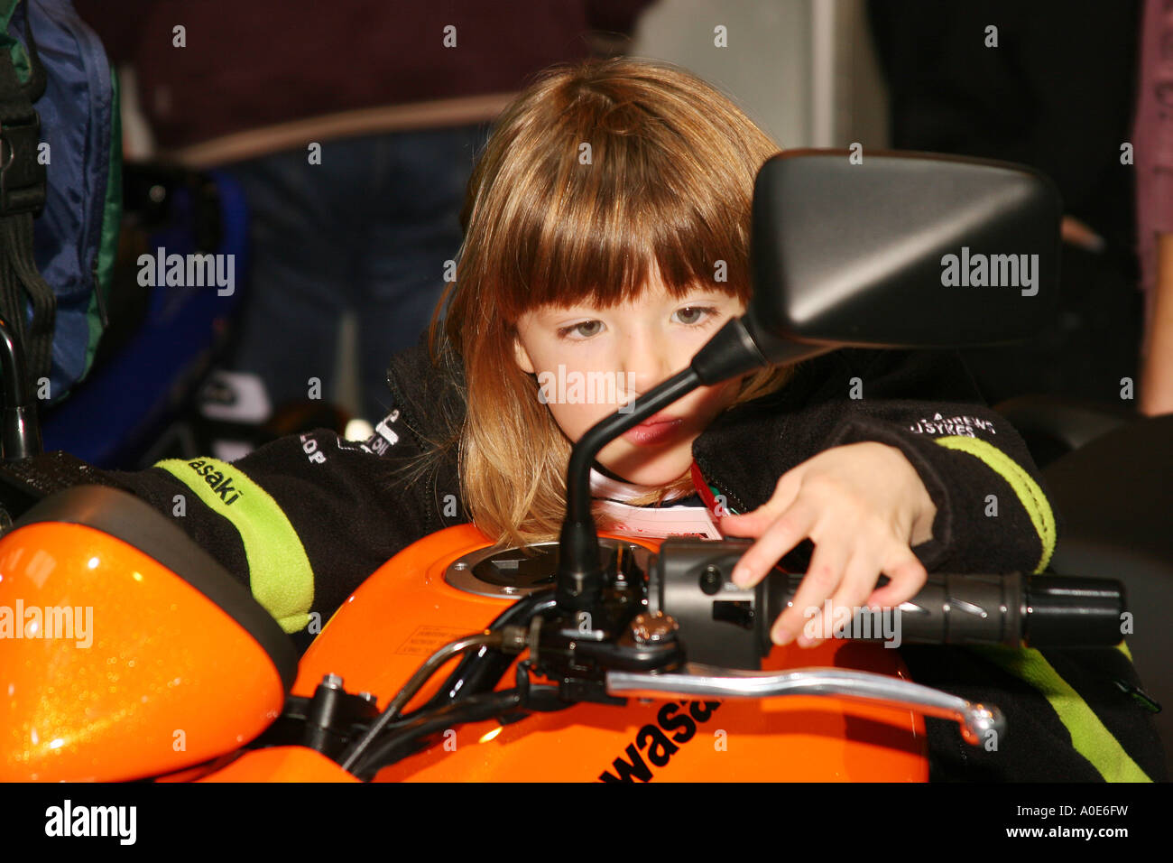 Young girl on a motorcycle at the bike show at the NEC. Stock Photo