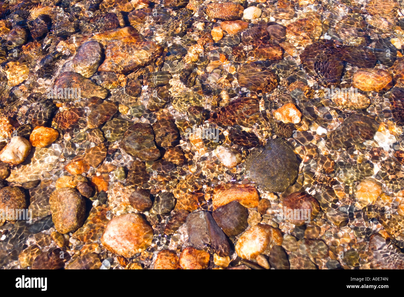 Background of clear water rippling over pebbles in a shallow upland stream in southern Australia Stock Photo