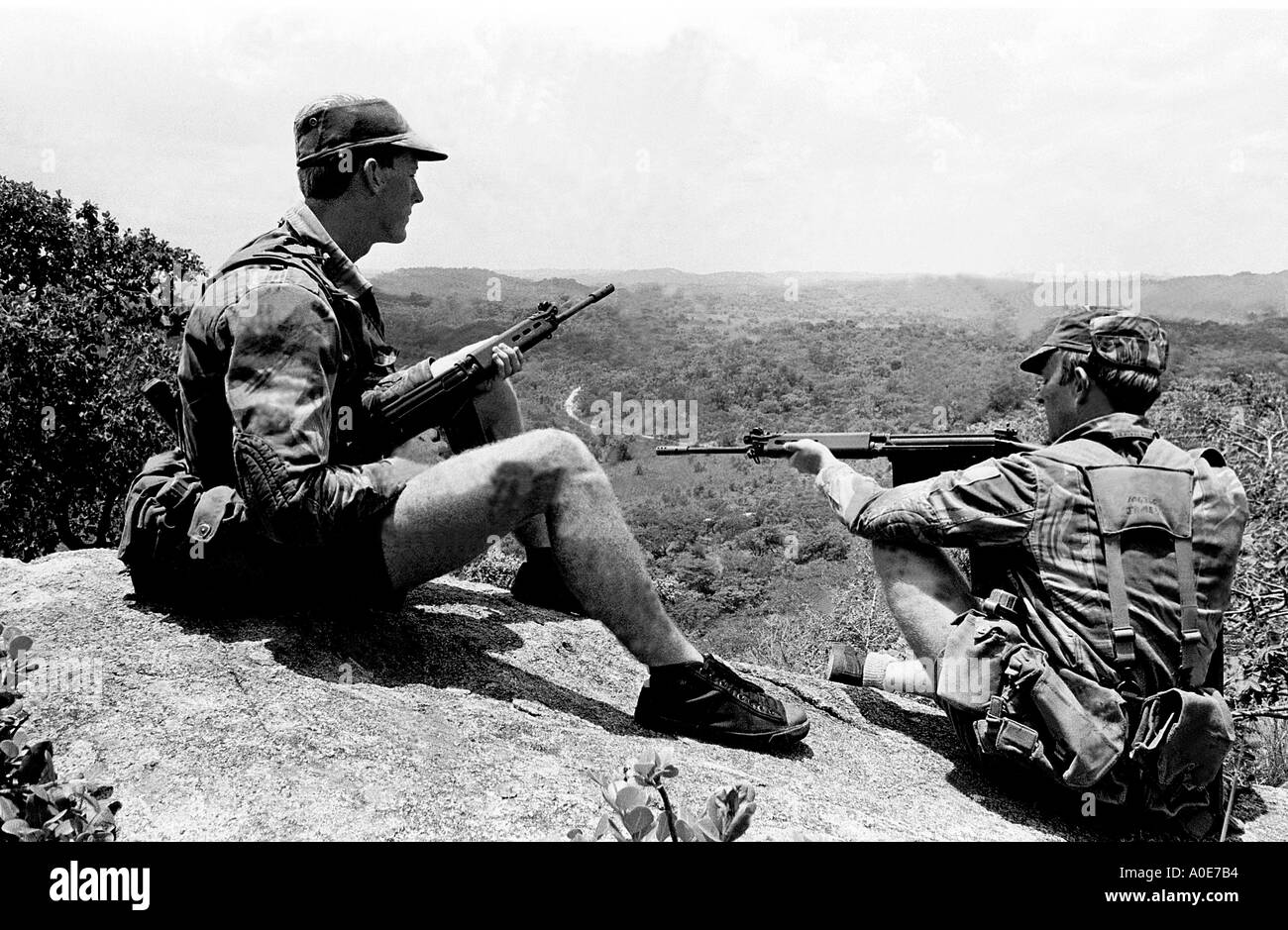 Rhodesian troops in the bush in 1975 during the UDI years of Ian Smiths Rhodesian Front. Stock Photo