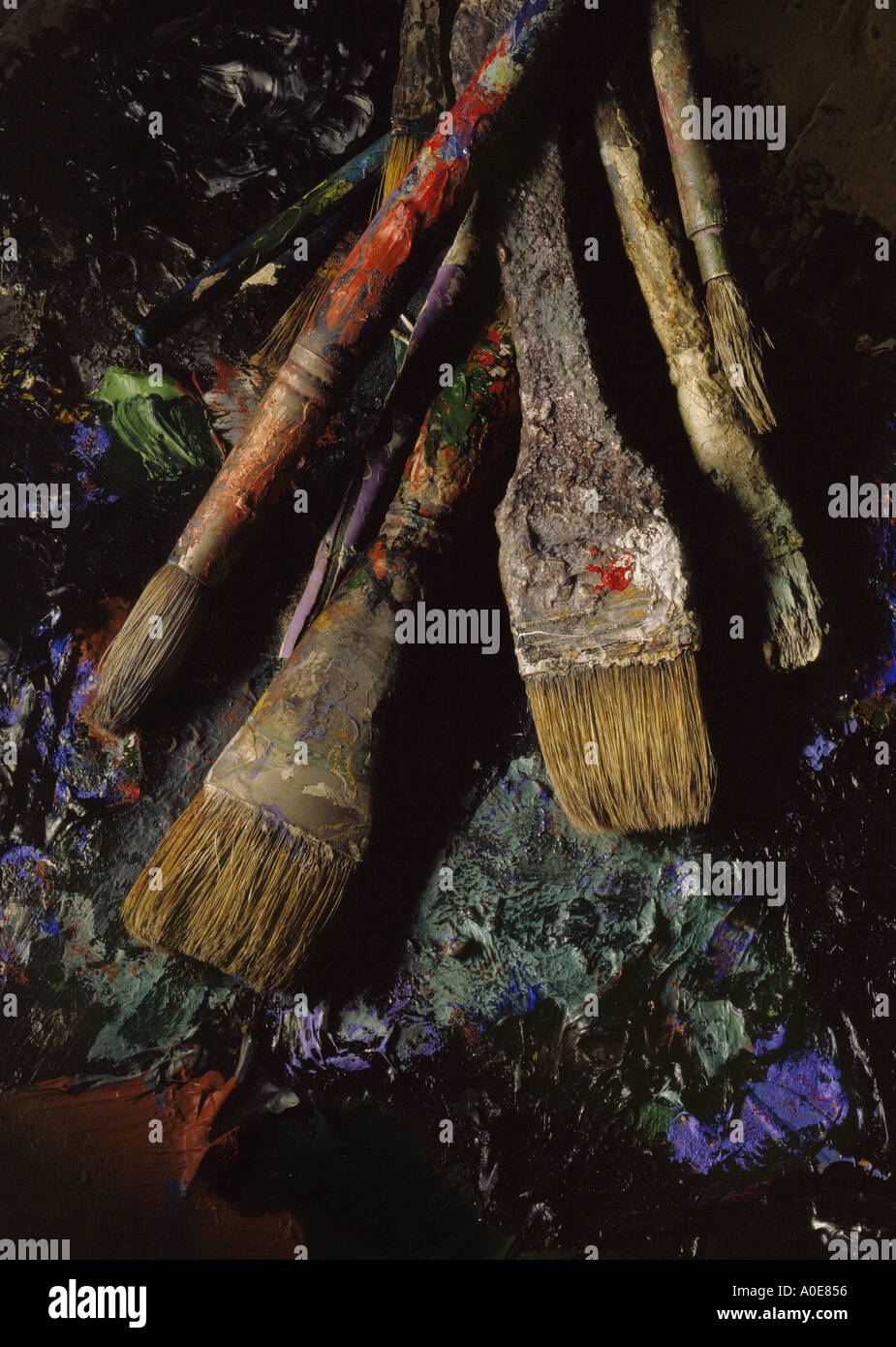 Paint brushes, artist paint brush on artists pallet. Stock Photo