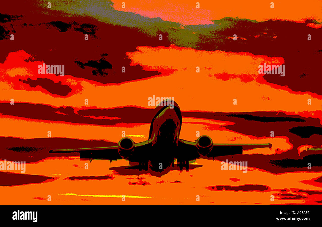 Airplane taking off at sunrise posterization Stock Photo - Alamy