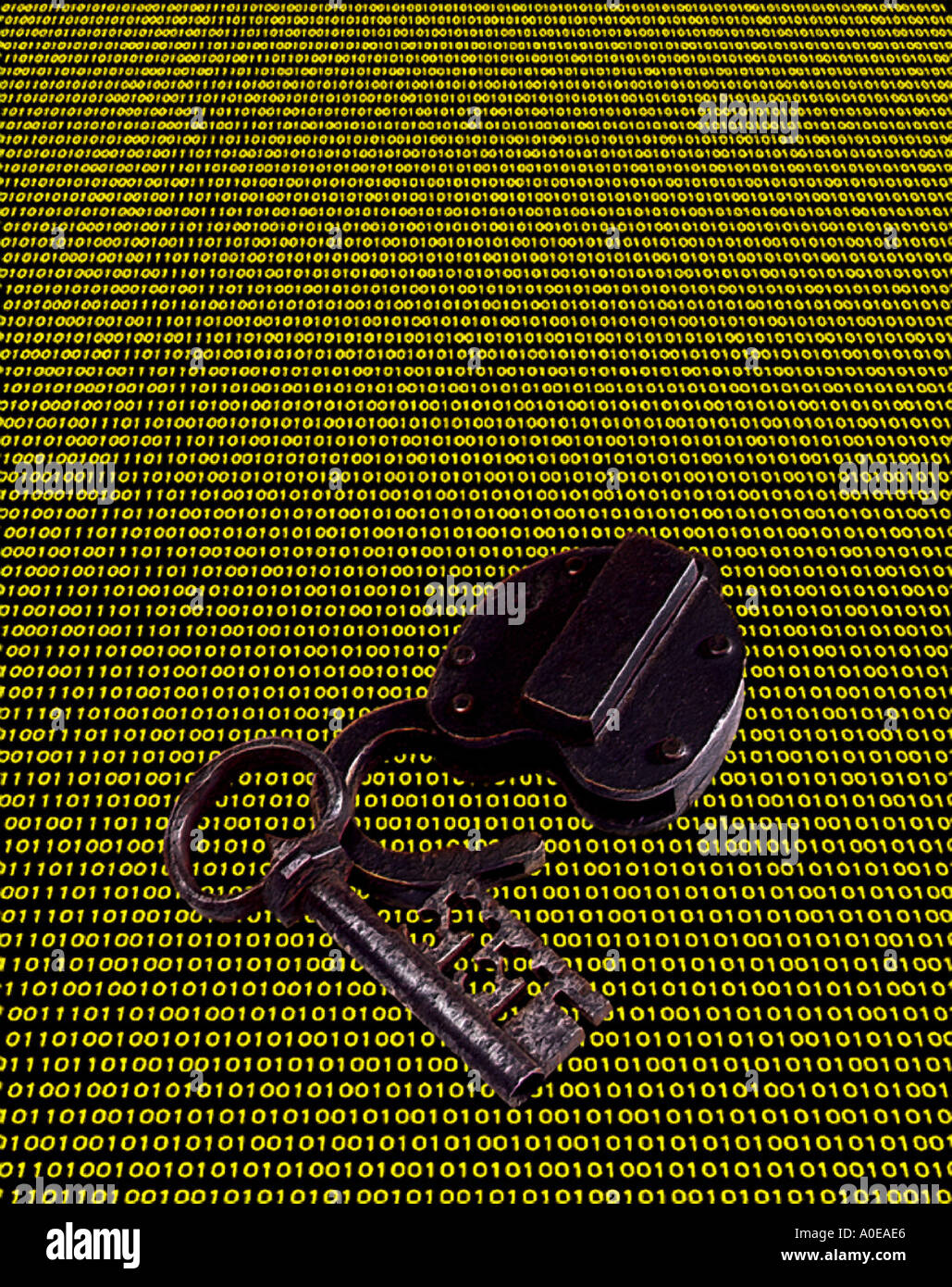 Lock and key with yellow binary Stock Photo