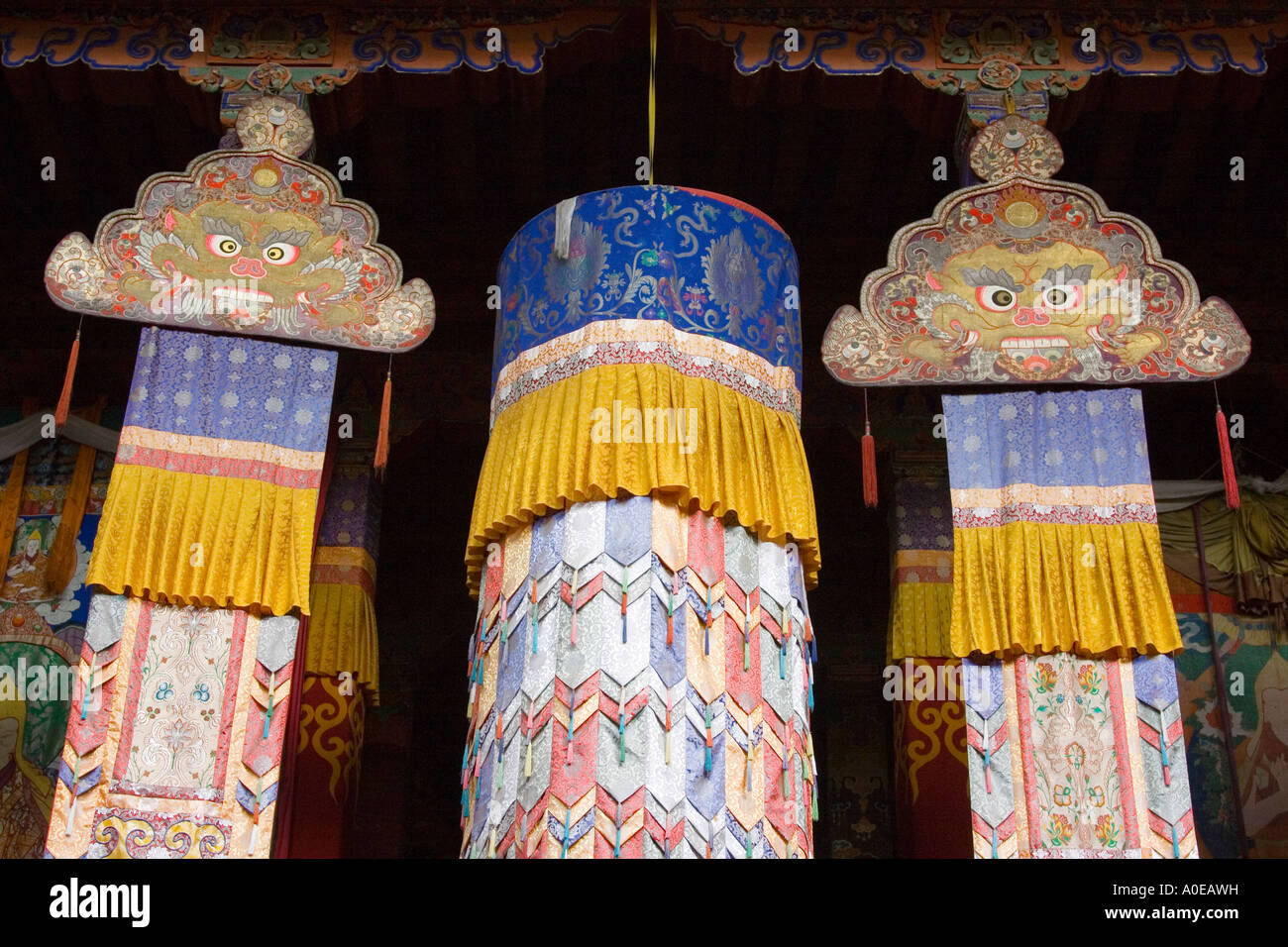 Strange decorations in Prayer hall of Drepung Monastery Lhasa Stock Photo