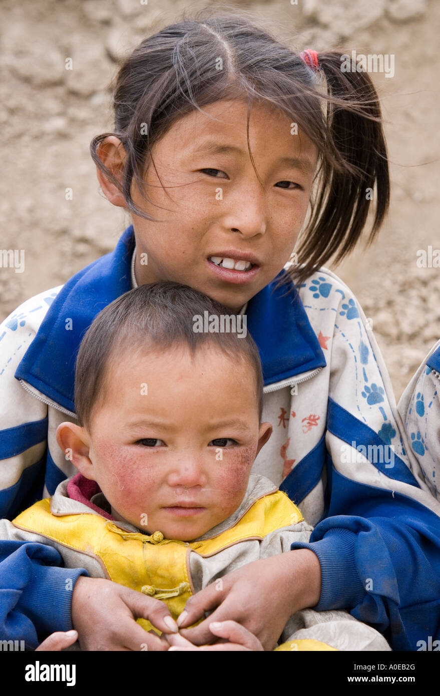 Two more urchins on the road to Gyangtse Tibet Stock Photo