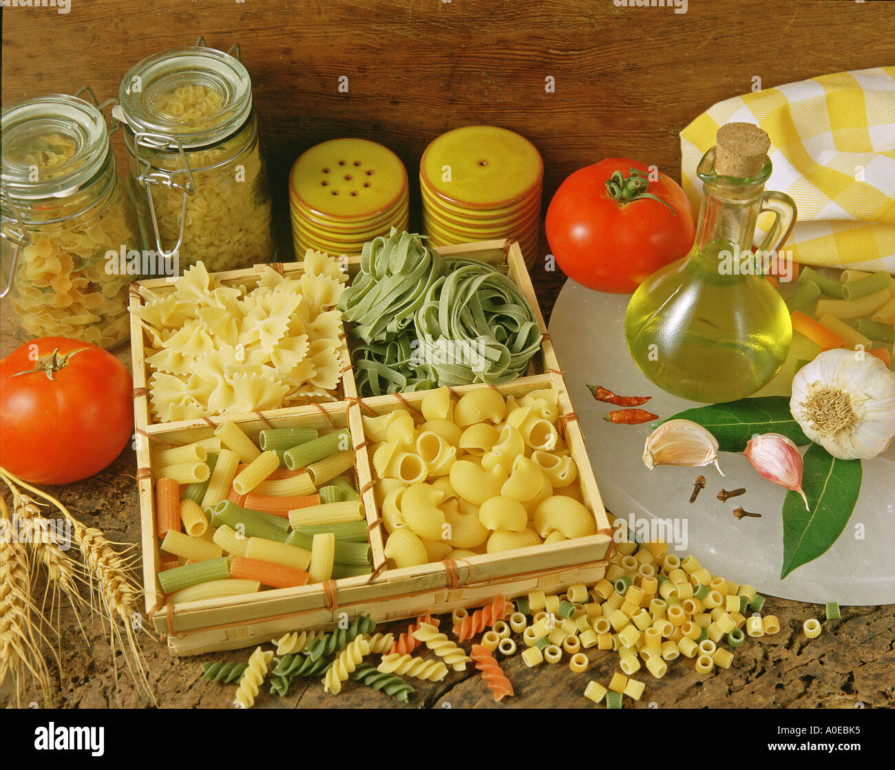 Pasta still life and olive oil Stock Photo