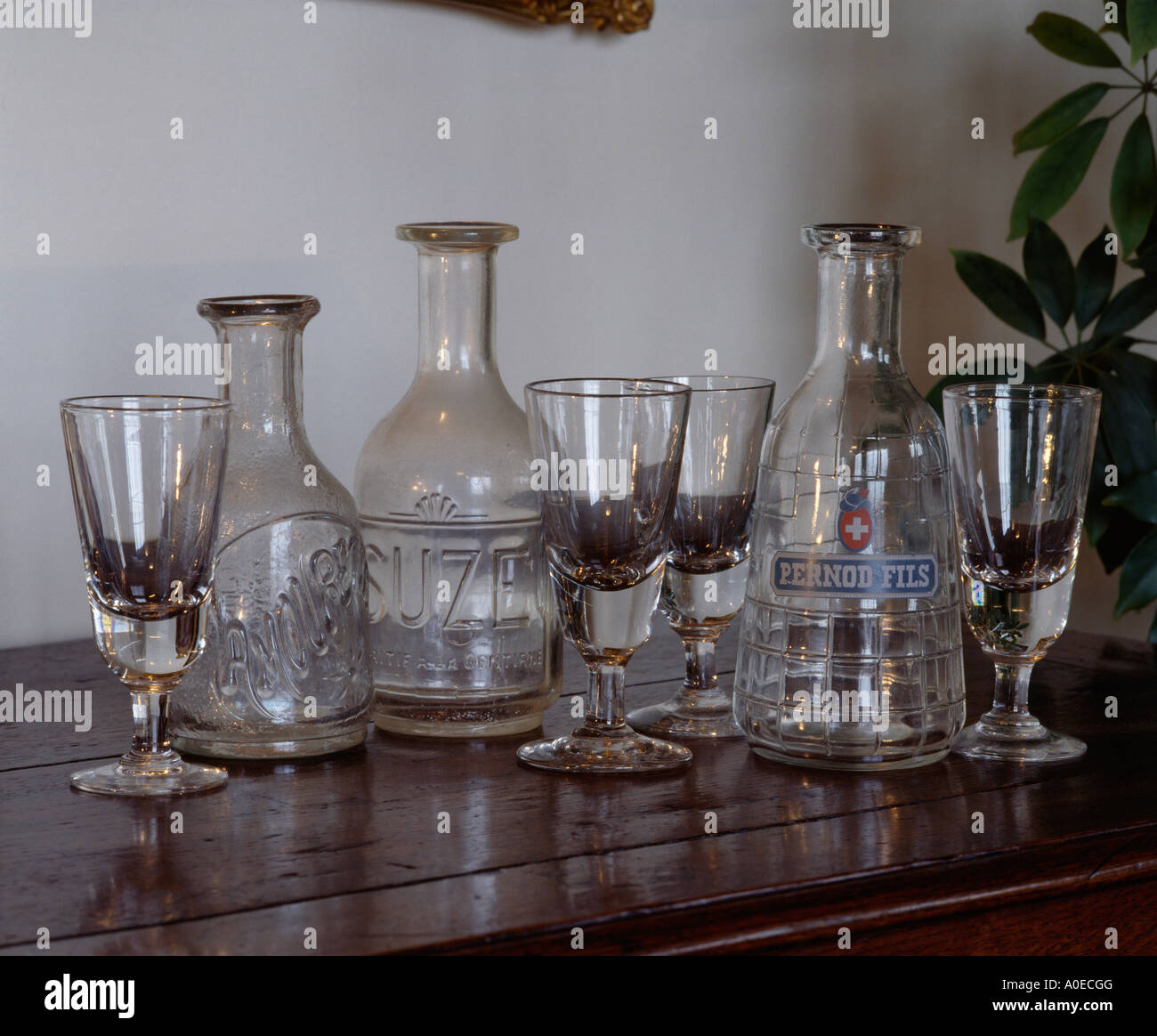 Close-up of old French glass decanters and goblets Stock Photo