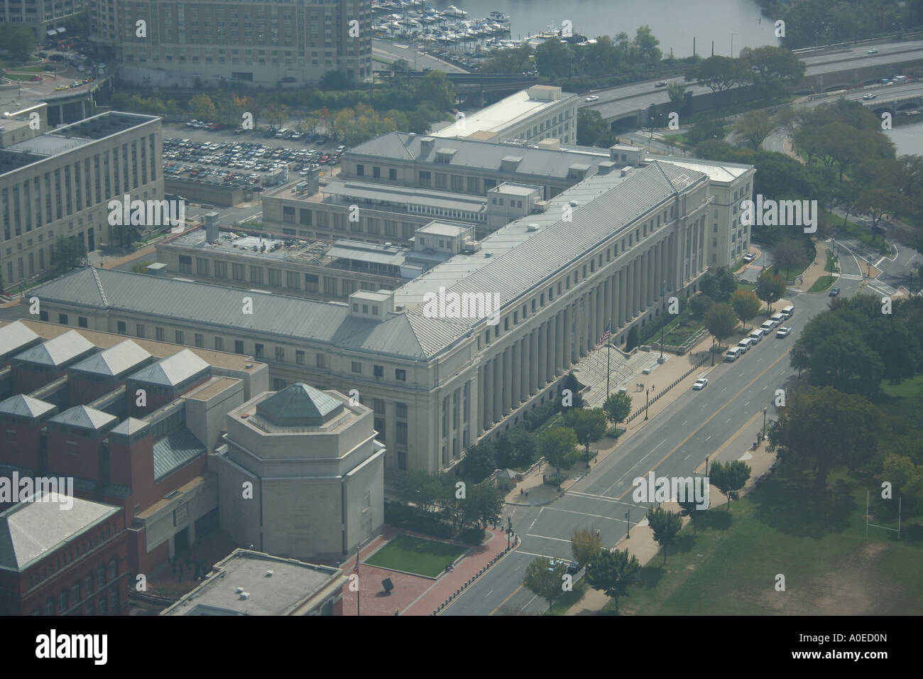 aerial view of Bureau of engraving and printing from top of Washington