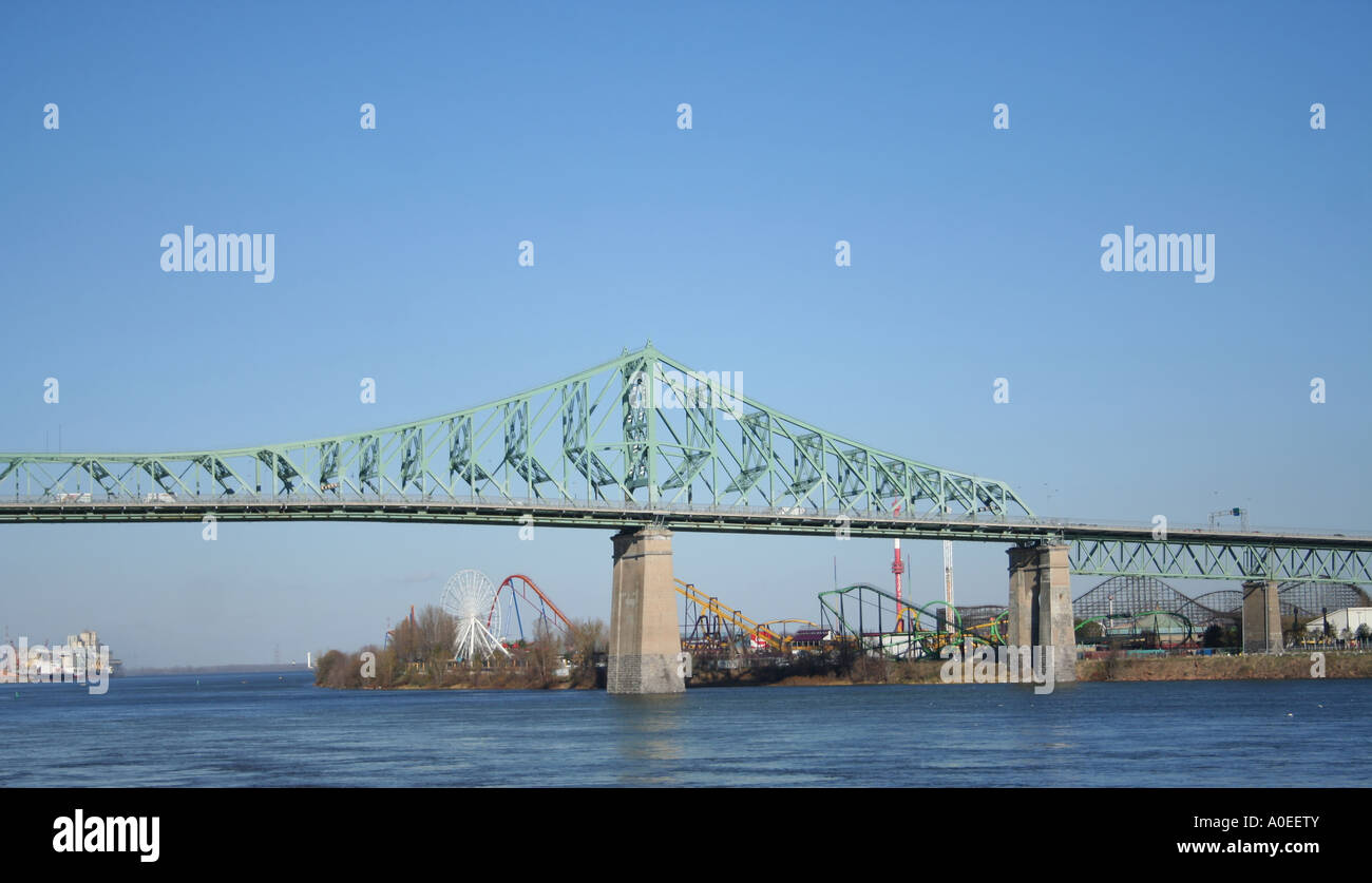 Jacques Cartier Bridge across Saint Lawrence river Montreal Canada La Ronde amusement park  November 2006 Stock Photo