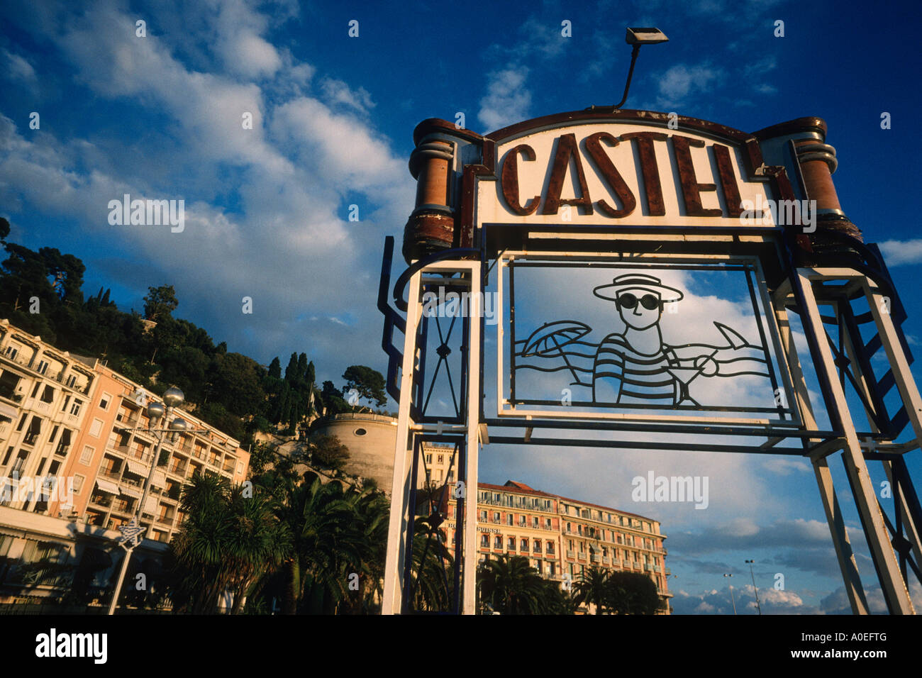 Nice France Art deco sign of Castel Plage Promenade des Anglais Stock Photo