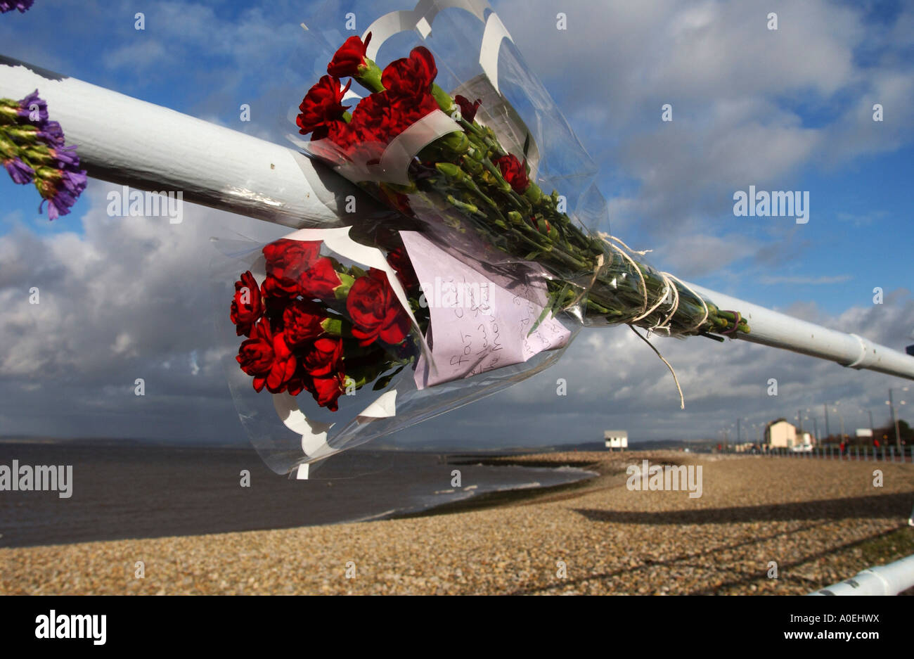 Floral tribute to twenty three chinese cockle pickers drowned at Morecambe Bay in February 2004 Stock Photo