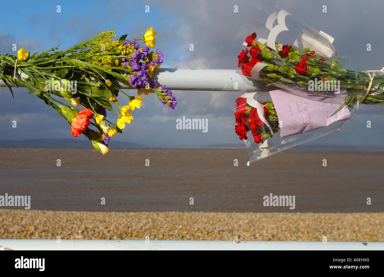 Floral tributes to twenty three chinese cockle pickers drowned at Morecambe Bay in February 2004 Stock Photo