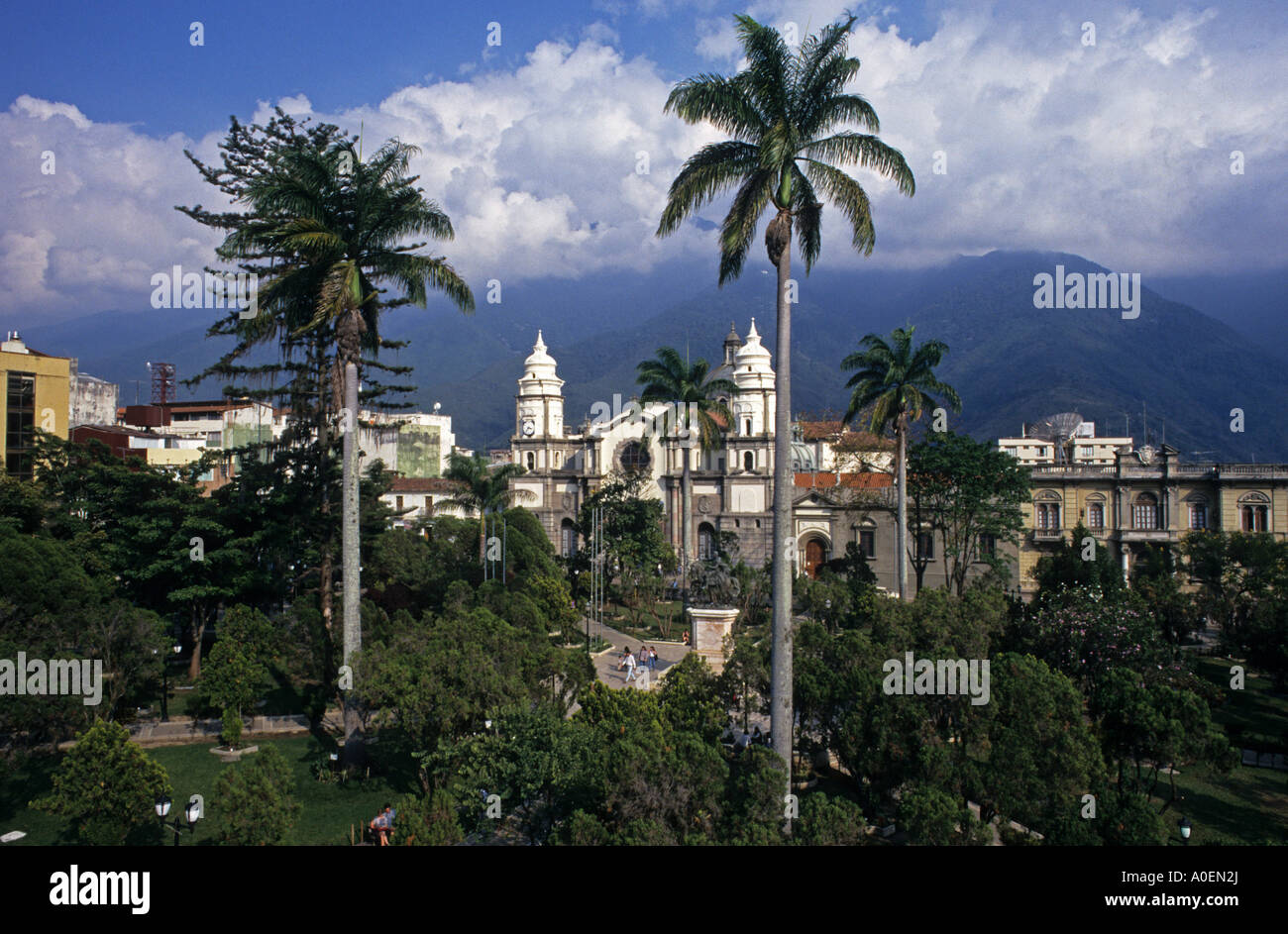 View over Plaza Bolivar to Cathedral Merida Venezuela Stock Photo