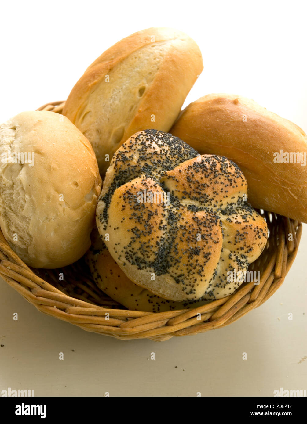 Bread basket with decorative bread rolls Stock Photo