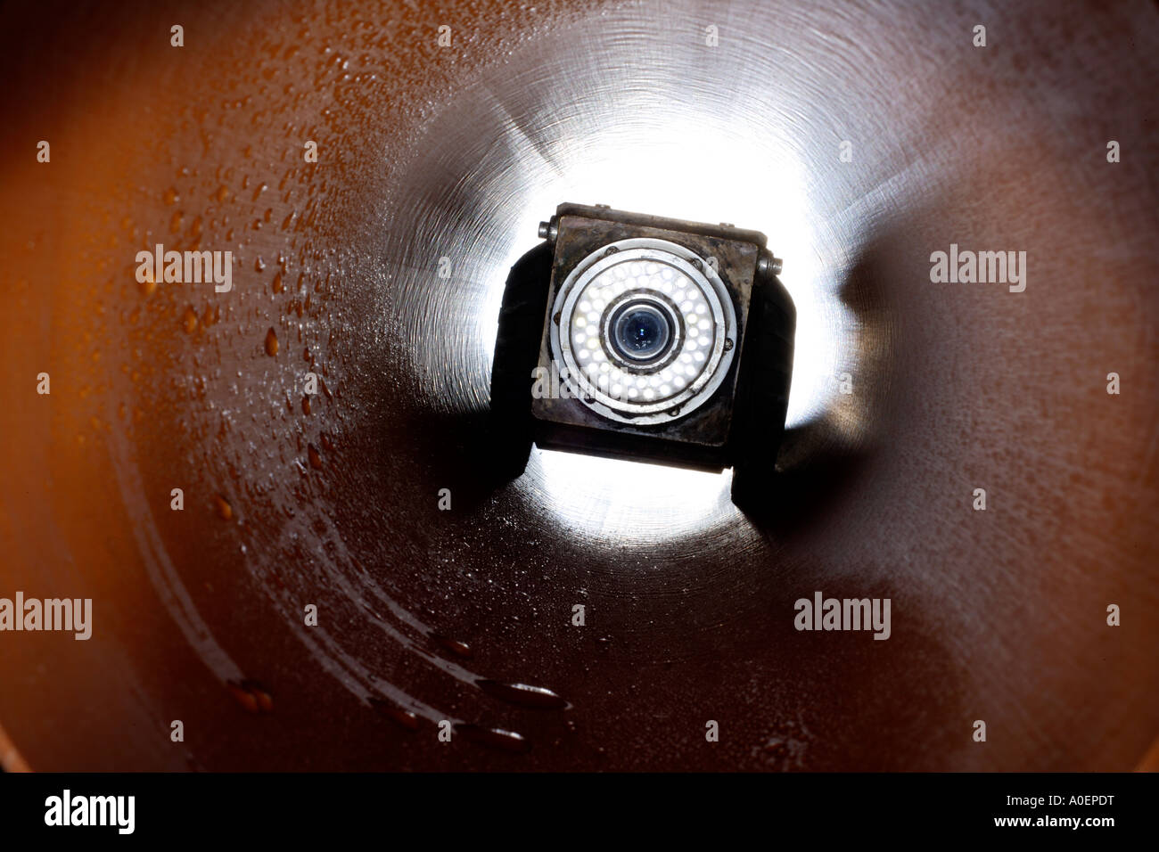 Remote controlled video camera in drainage pipe recording an internal