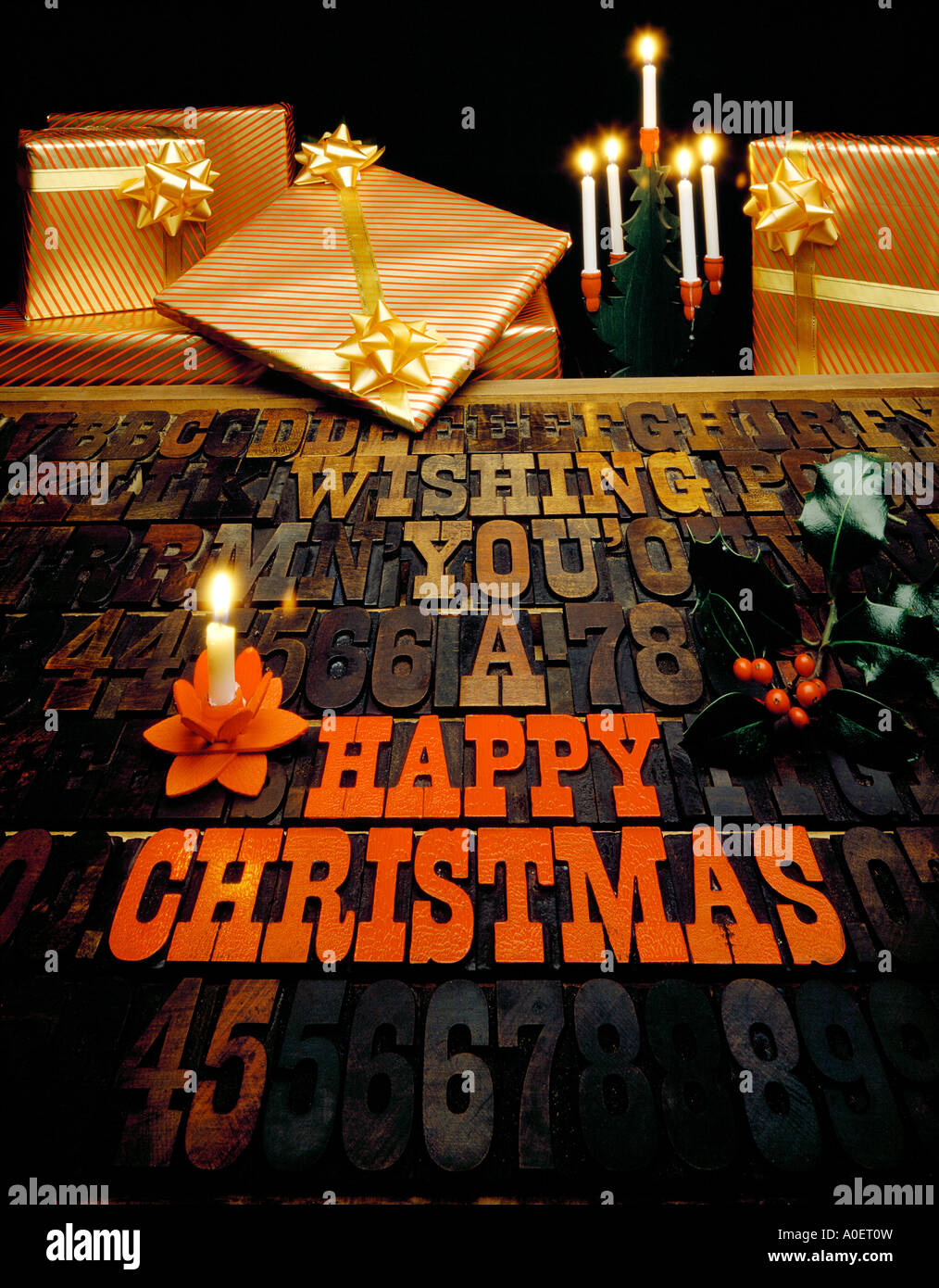 CHRISTMAS GREETING MADE UP OF OLD WOODEN TYPE FACE LETTERS Stock Photo