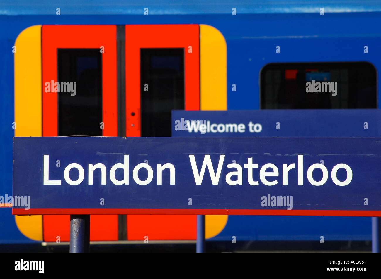 Train at London Waterloo Railway Station, London, England, UK, GB. Stock Photo