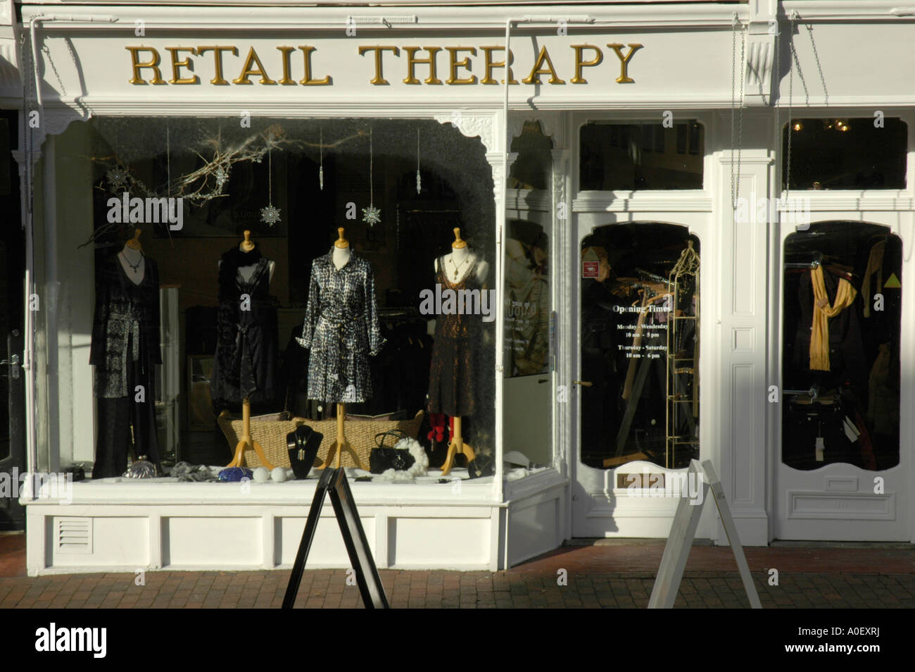 Front of shop called Retail Therapy showing the name Stock Photo Alamy