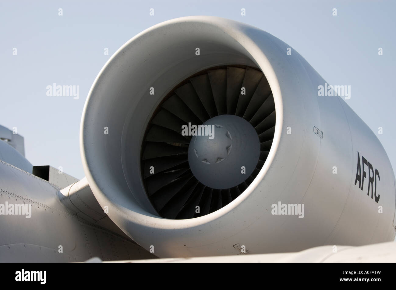 Closeup of a General Electric TF-34-100/A turbo-fan engine mounted to fuselage of an A-10A Thunderbolt Stock Photo