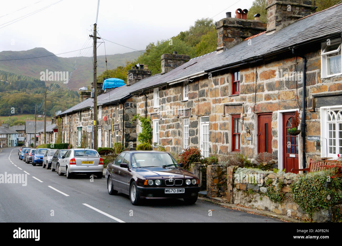 Row of terraced houses dating from 19th century in Beddgelert Gwynedd North Wales UK Stock Photo