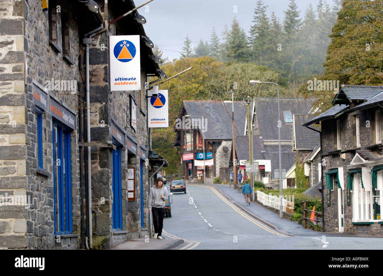 Outdoor clothing shops in Snowdonia grey stone village of Betws y Coed