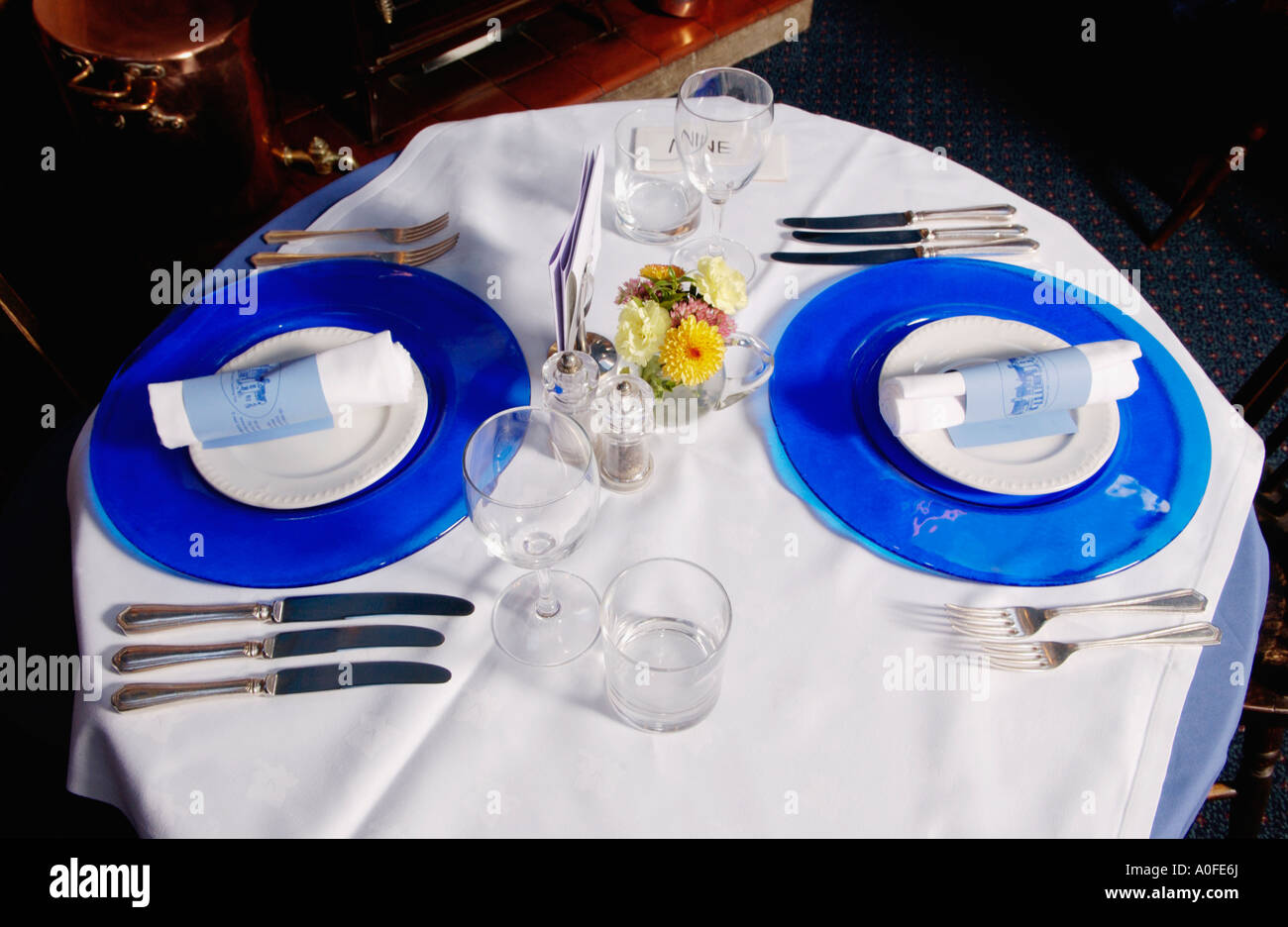 Place setting in the fine dining restaurant at The Talbot at Knightwick Worcestershire England Stock Photo