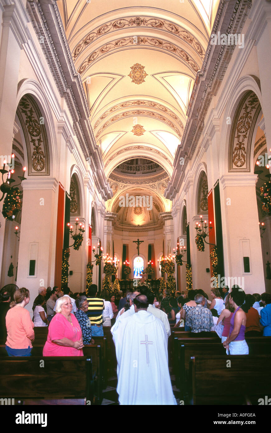 Cathedral of Old San Juan Bautista Puerto Rico Interior at Christmas time Stock Photo