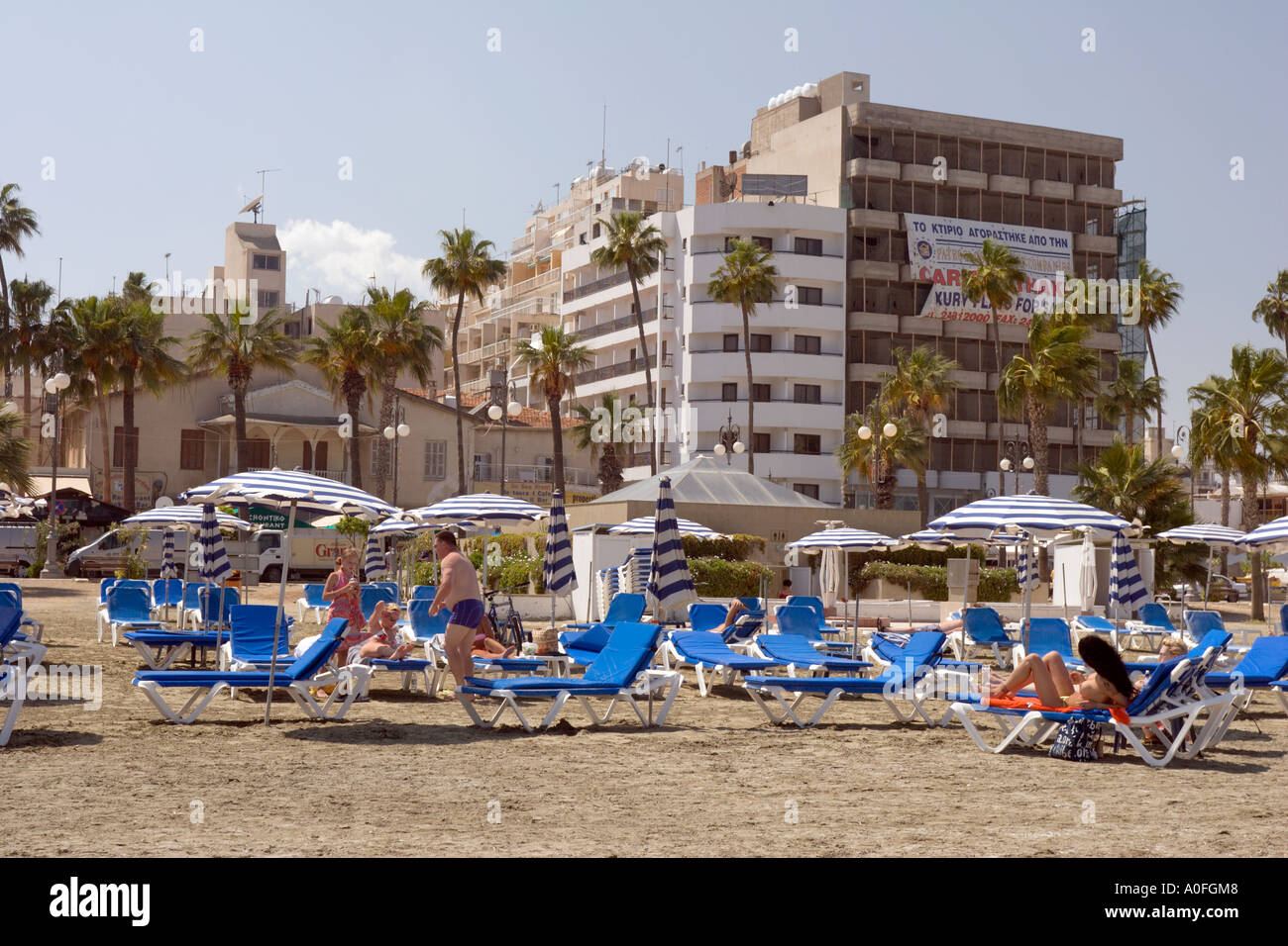 Larnaca beach , Cyprus looking towards the town shops and apartments