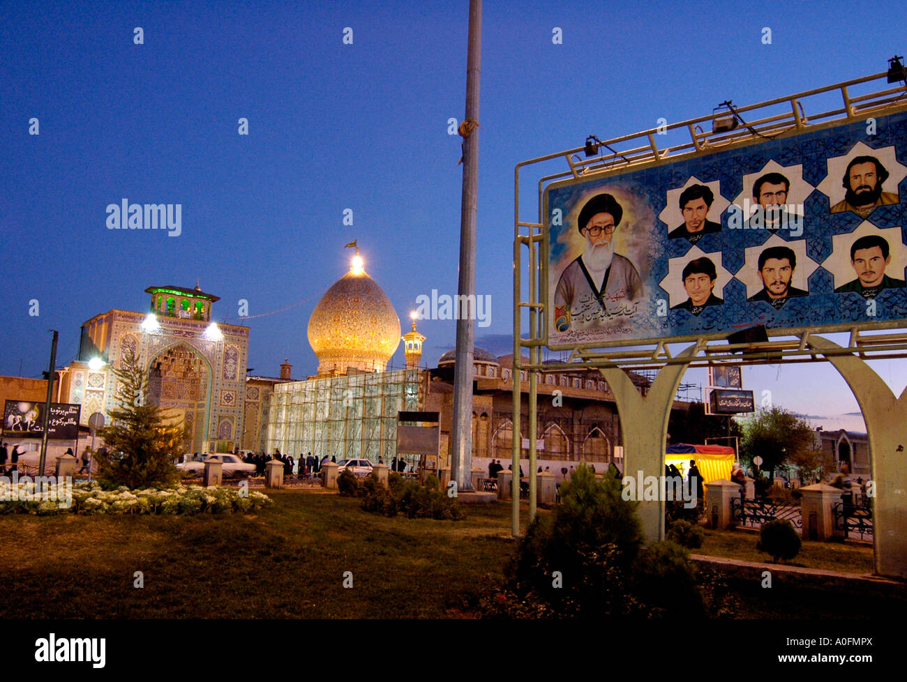 Poster of martyrs near the Shah e Cheragh, a holy Shia Muslim shrine architectural landmark in Shiraz, Iran. Stock Photo