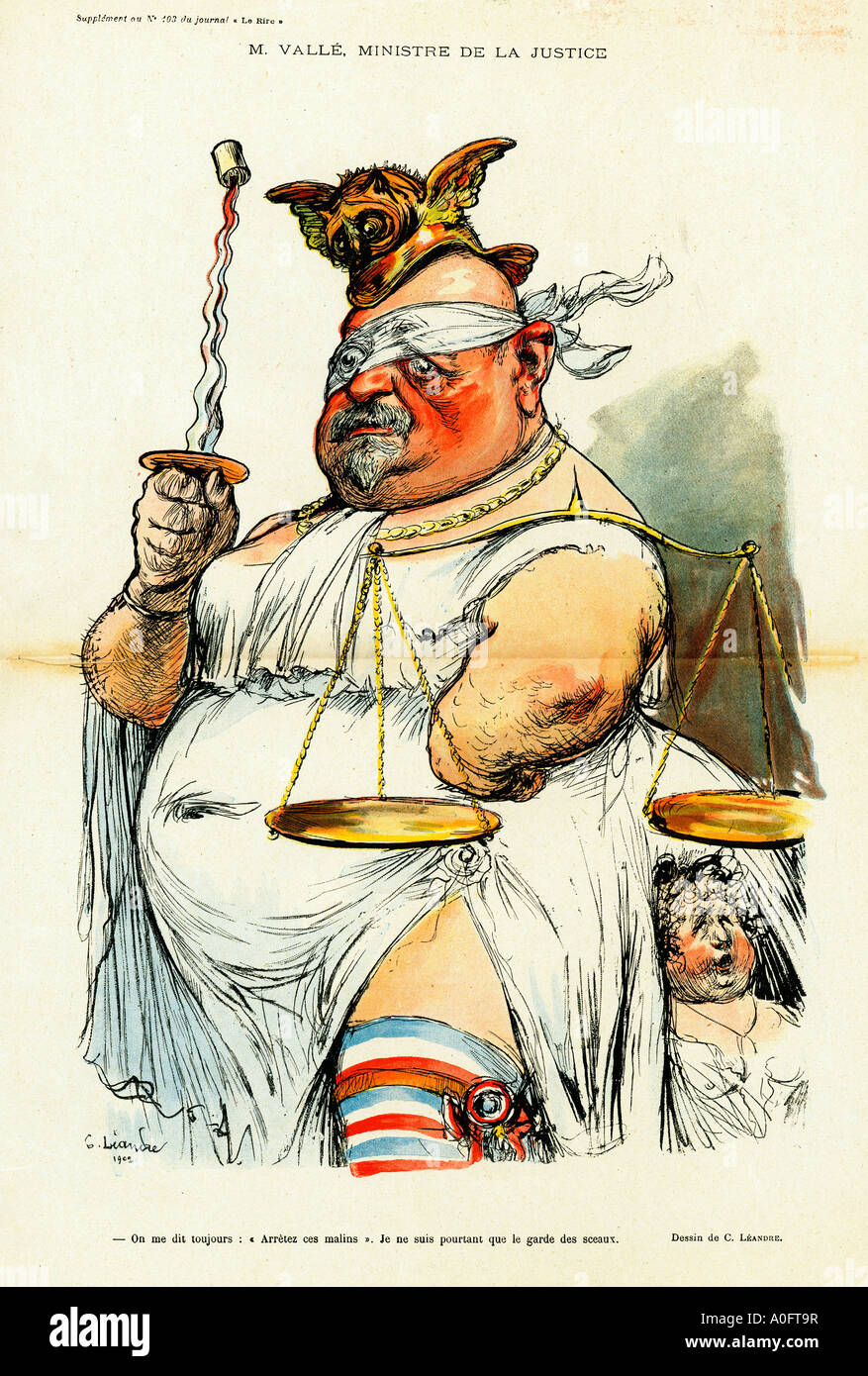 M Valle French Justice Minister 1902 cartoon from Le Rire of the French Minister of Justice Ernest Valle Stock Photo