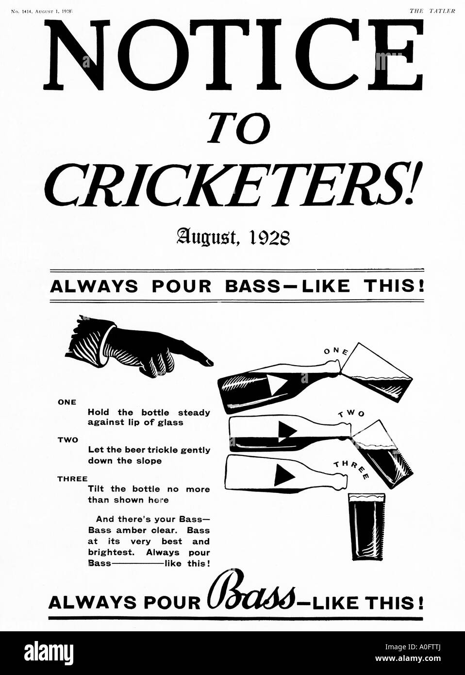 Notice To Cricketers 1928 advert for Bass bottled beer and how to pour it aimed at the sporting market Stock Photo