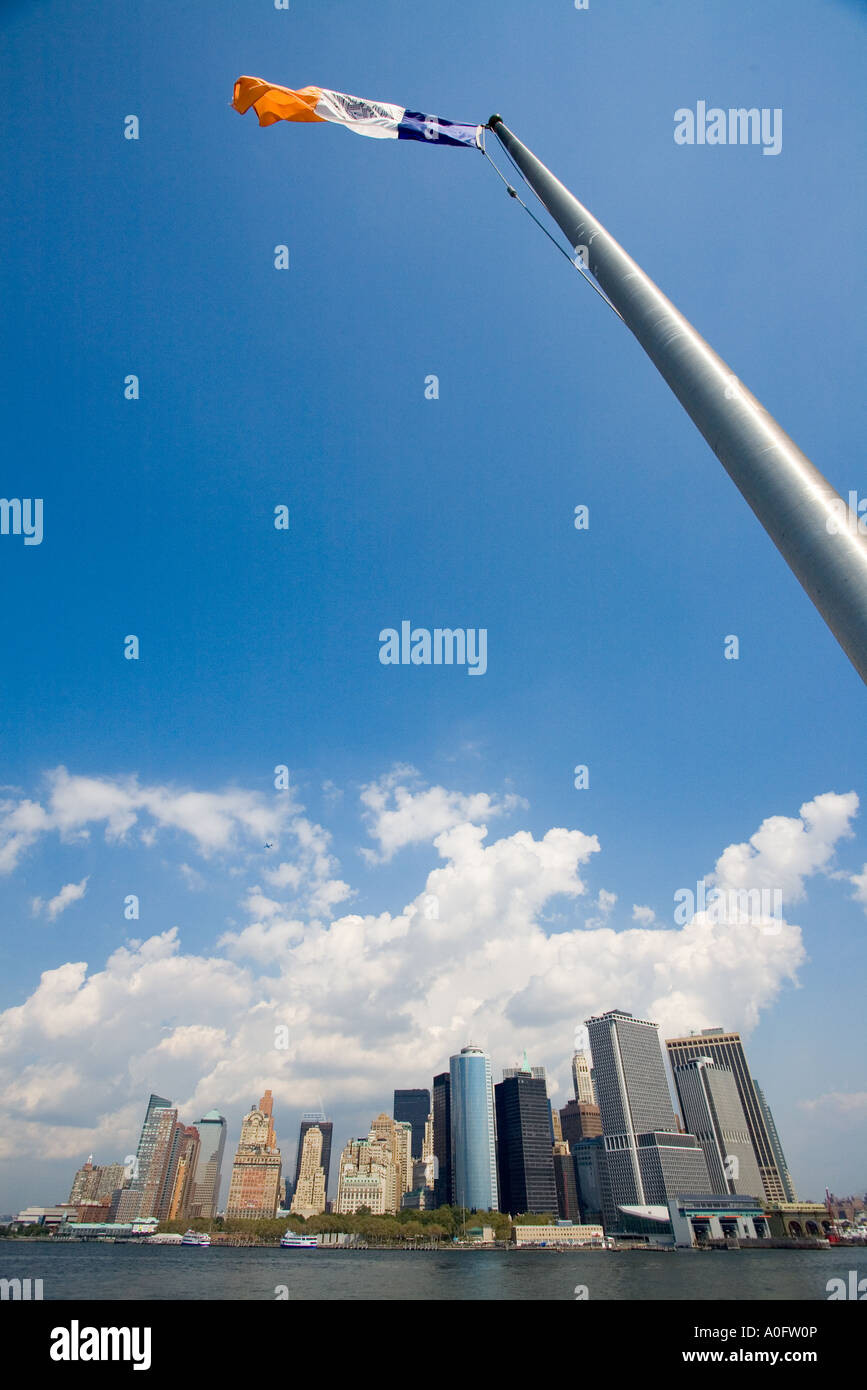 new york skyline from staten island ferry deck with ferry flag Stock