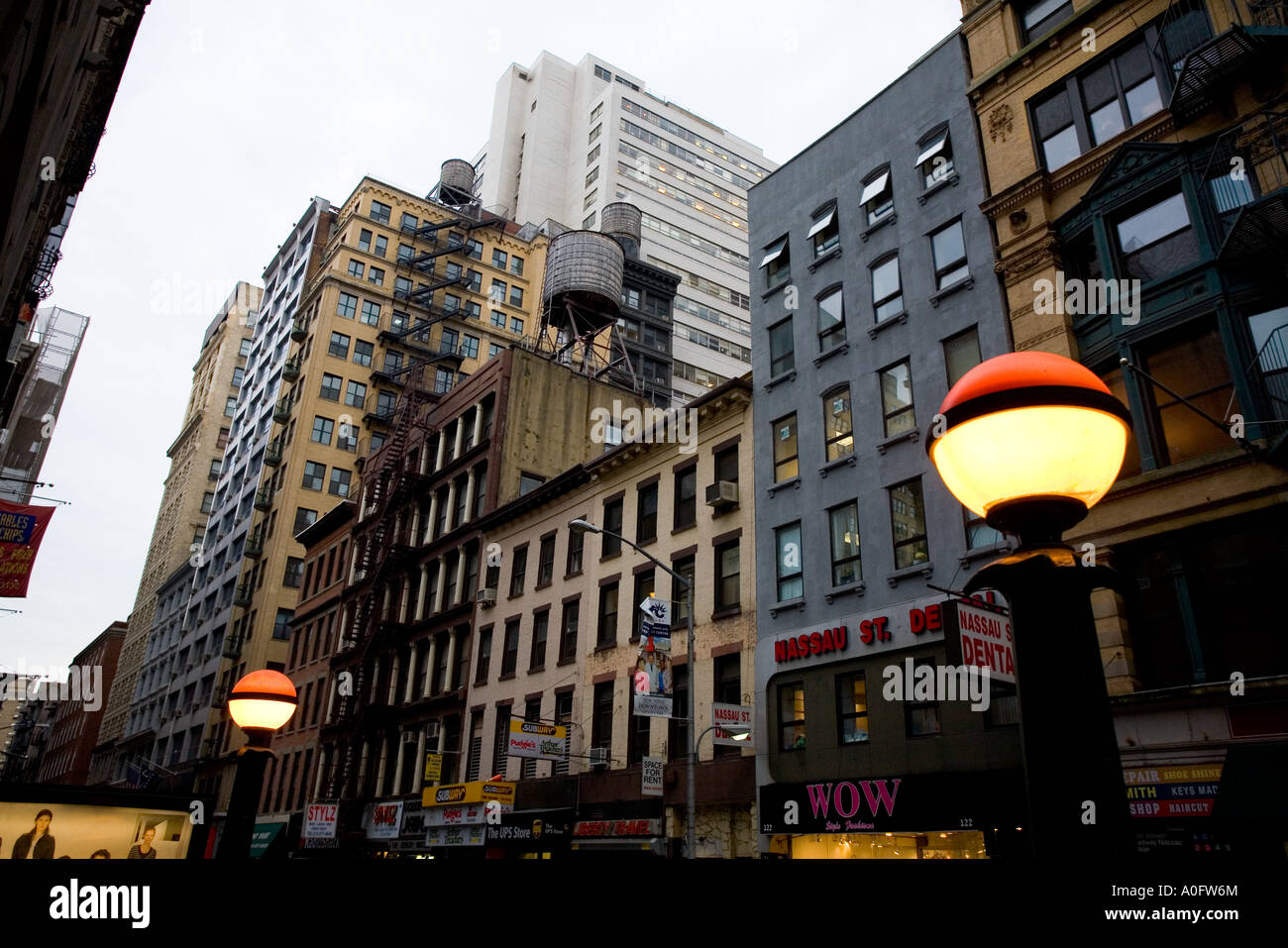 buildings facade in nassau street with subway lights Stock Photo Alamy
