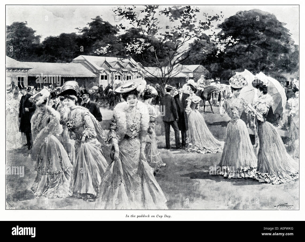 The Paddock at Ascot 1905 on Gold Cup day as the cream of Edwardian society parade with their race horses Stock Photo