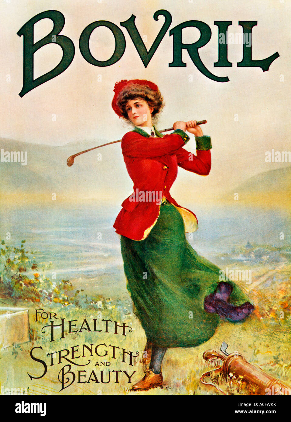 Bovril Health Strength and Beauty Edwardian advert for the beef extract with the lady golfer exhibiting all of those Stock Photo