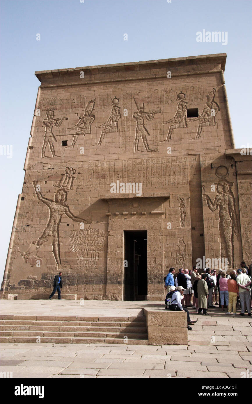 First Great Pylon at Philae Ptolemy XII Smiting Enemies Stock Photo